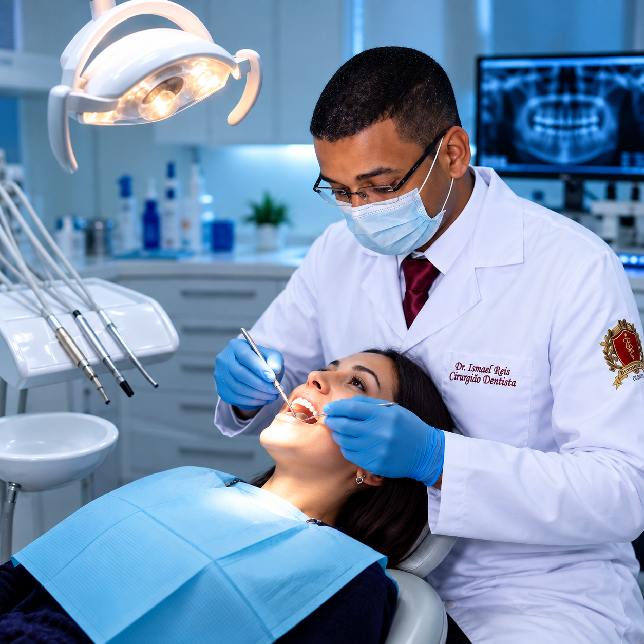 Dr. Ismael realizando atendimento odontológico em uma paciente